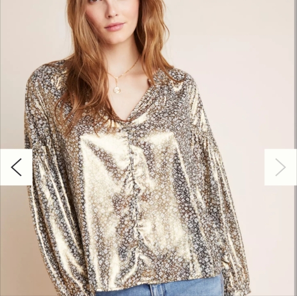 Current Air Tops - Anthropologie Current Air Gold Iridescent Floral Diana Shine Blouse sz L